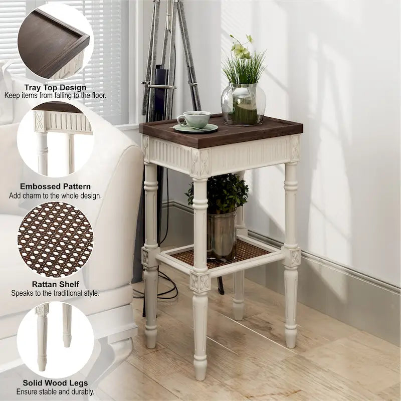 COZAYH Table d'appoint de style campagnard français patiné, plateau en espresso et étagère en osier tressé, décor bohème, rustique, de ferme