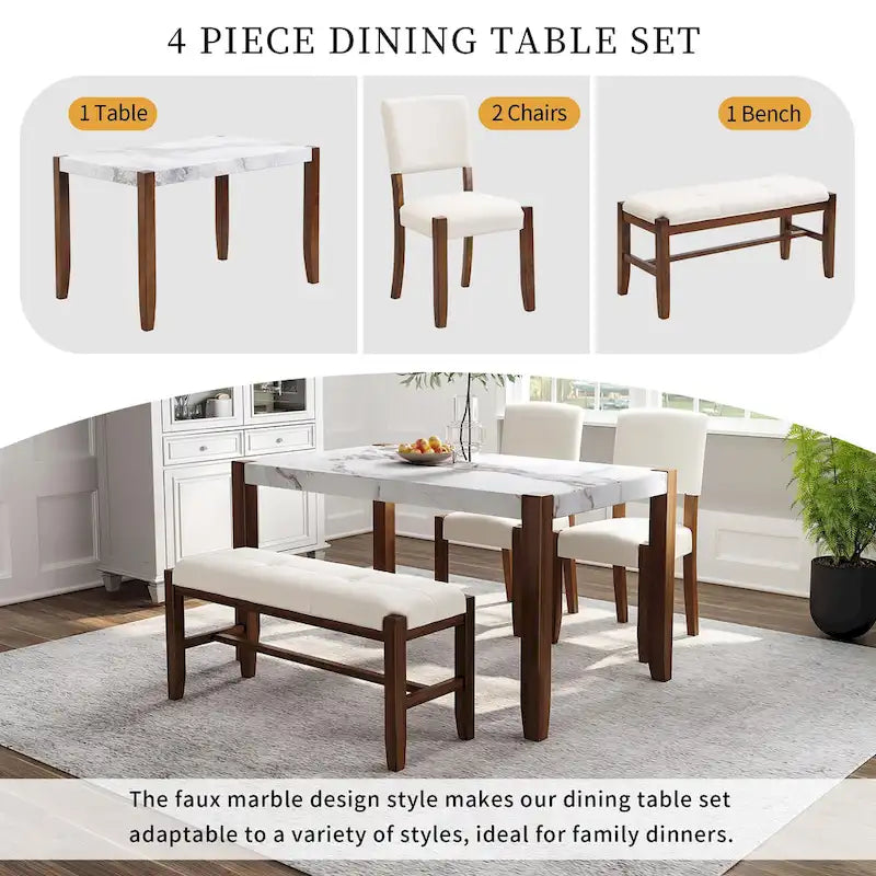 Ensemble table de salle à manger 4 pièces avec 2 chaises rembourrées et un banc