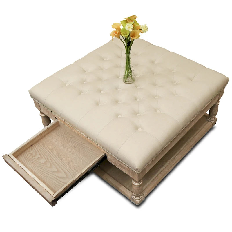 Pouffe ottoman de cocktail rembourré touffeté Suleiman avec étagère et tiroir
