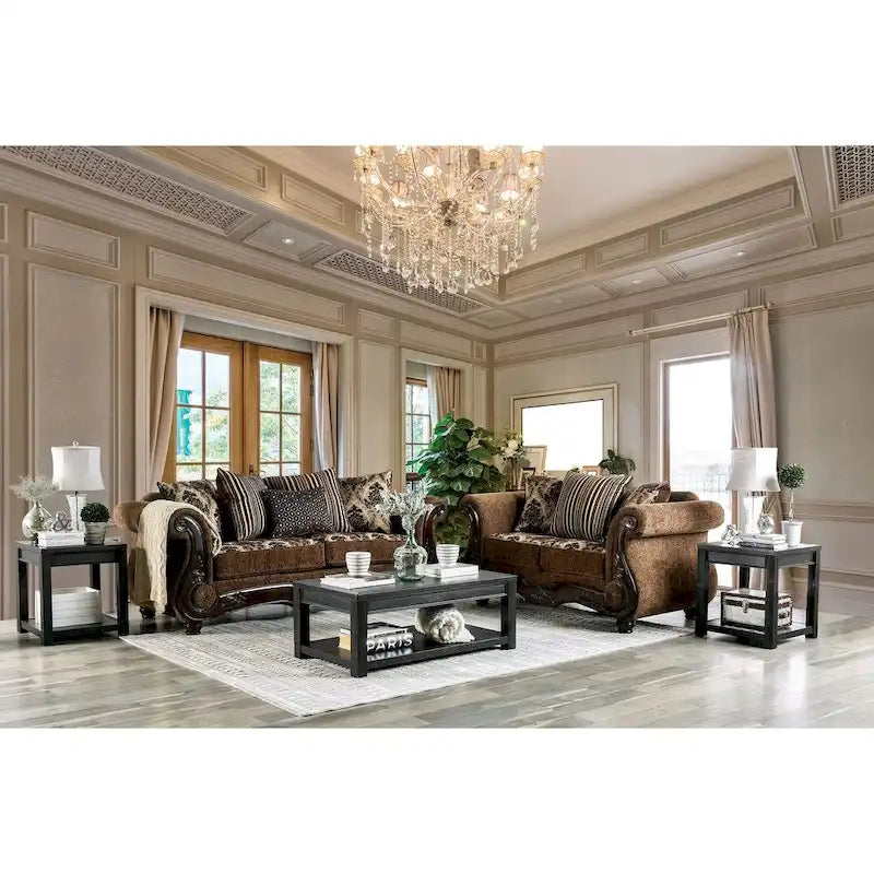 Canapé Pora marron traditionnel en chenille rembourré avec accoudoirs roulés, par Furniture of America