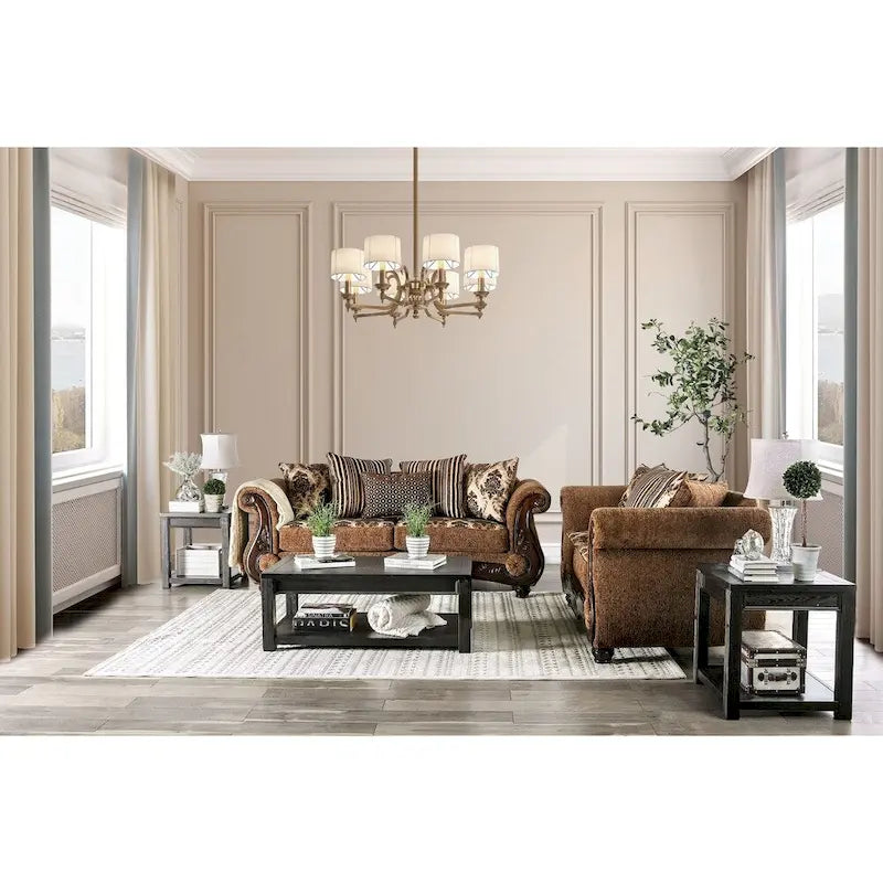 Canapé Pora marron traditionnel en chenille rembourré avec accoudoirs roulés, par Furniture of America