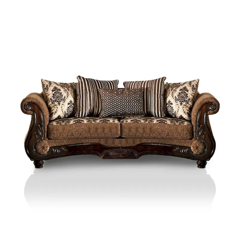 Canapé Pora marron traditionnel en chenille rembourré avec accoudoirs roulés, par Furniture of America