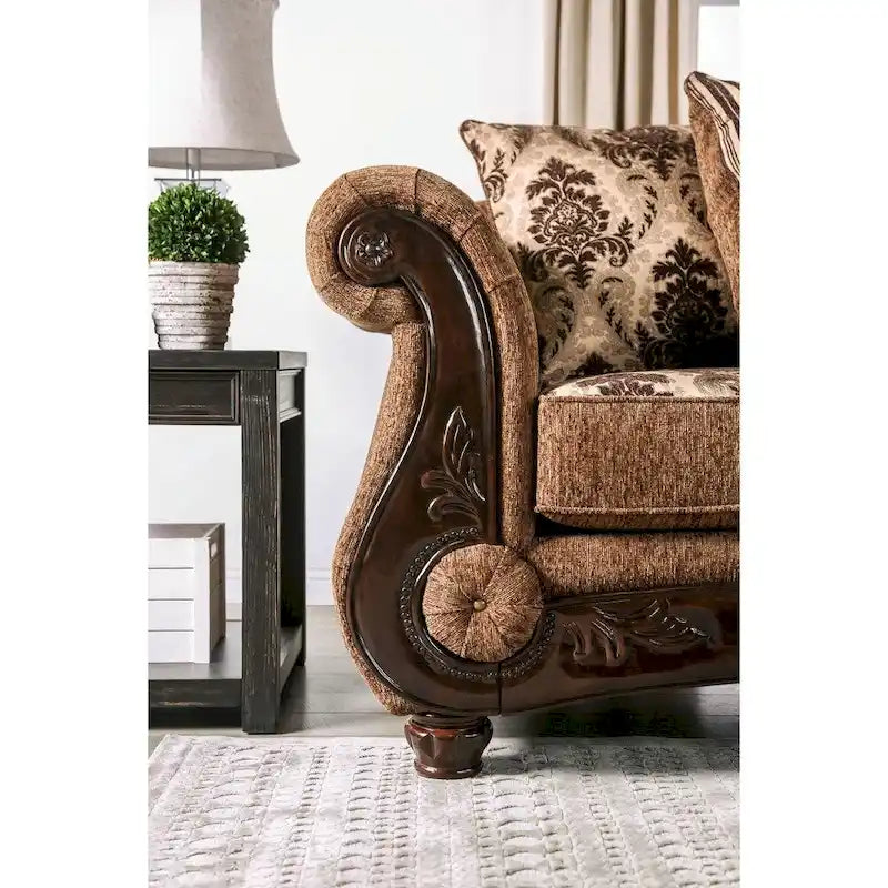 Canapé Pora marron traditionnel en chenille rembourré avec accoudoirs roulés, par Furniture of America