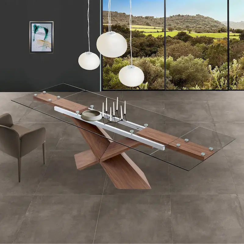 Table à manger extensible Davee avec plateau en verre transparent et pieds en bois - 269/180*90*76 cm