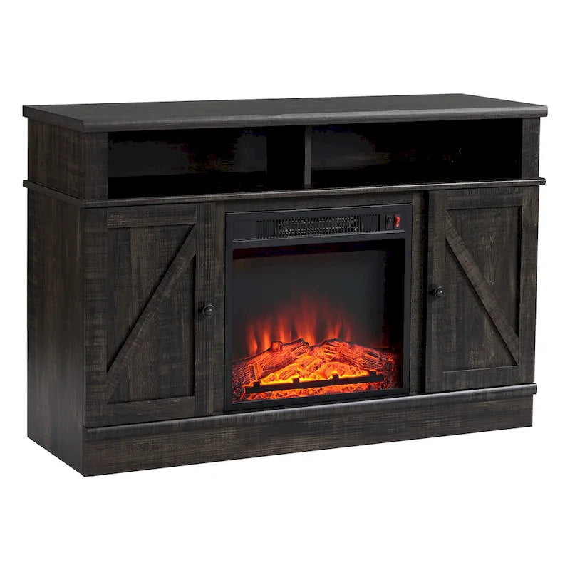 Meuble TV rustique en bois foncé avec cheminée