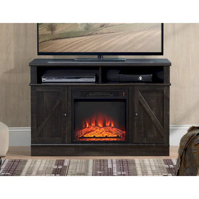 Meuble TV rustique en bois foncé avec cheminée