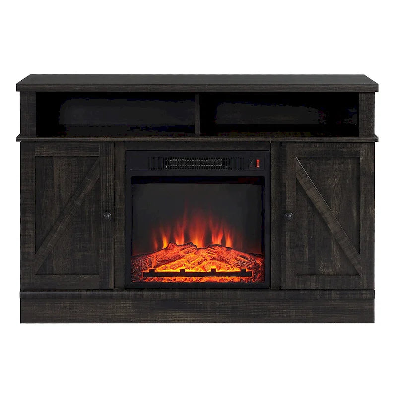 Meuble TV rustique en bois foncé avec cheminée