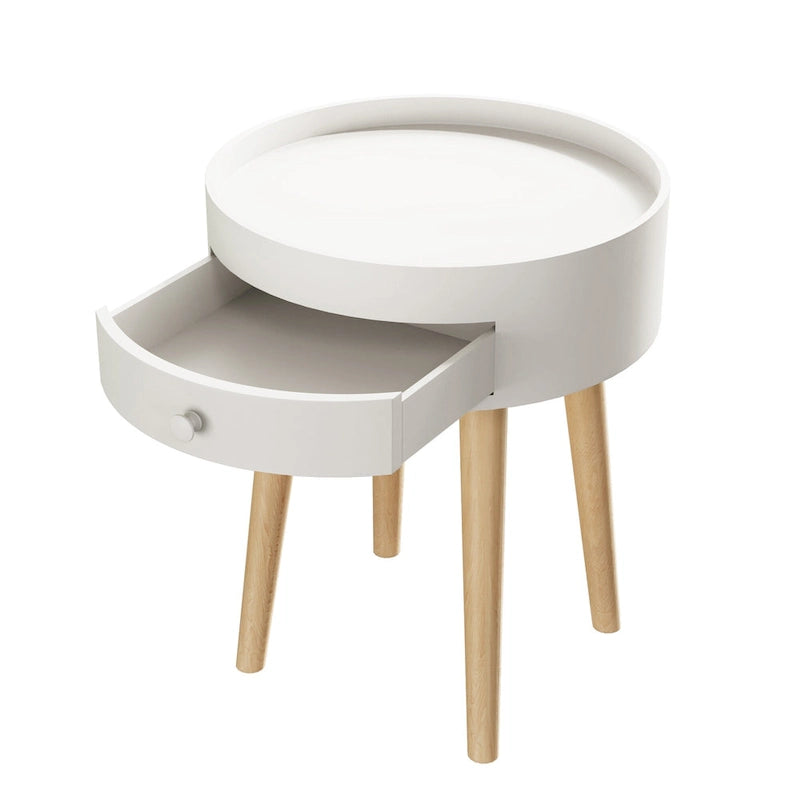 Table de Chevet avec Tiroir de Rangement Rond, Table d'Appoint, Bout de Canapé, Meuble de Salon, Chambre, Petit Espace