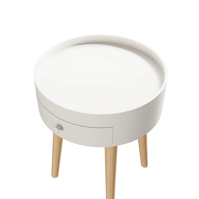 Table de Chevet avec Tiroir de Rangement Rond, Table d'Appoint, Bout de Canapé, Meuble de Salon, Chambre, Petit Espace