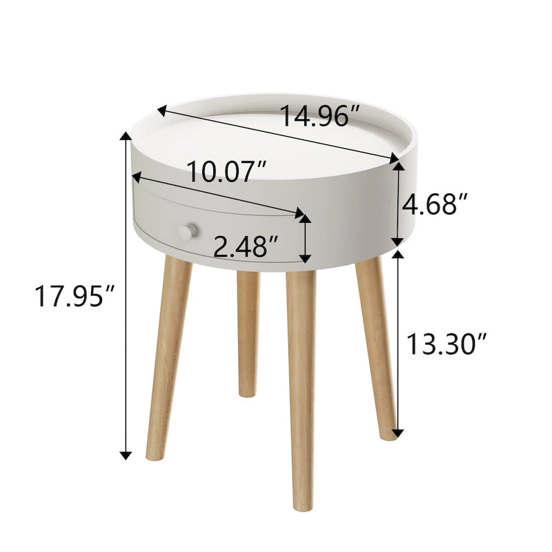 Table de Chevet avec Tiroir de Rangement Rond, Table d'Appoint, Bout de Canapé, Meuble de Salon, Chambre, Petit Espace