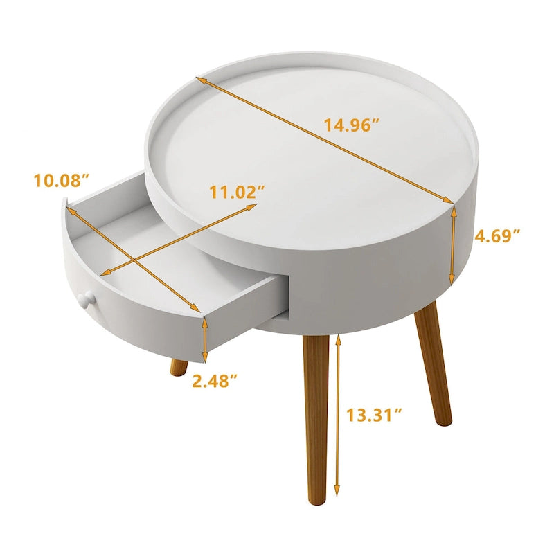 Table de Chevet avec Tiroir de Rangement Rond, Table d'Appoint, Bout de Canapé, Meuble de Salon, Chambre, Petit Espace
