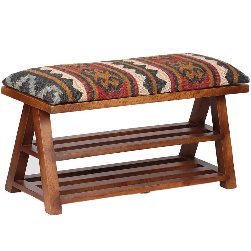 Banc de rangement en bois tapissé de Kilim fait main HERAT ORIENTAL - 30 L x 12,5 P x 16 H