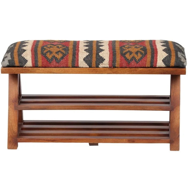 Banc de rangement en bois tapissé de Kilim fait main HERAT ORIENTAL - 30 L x 12,5 P x 16 H