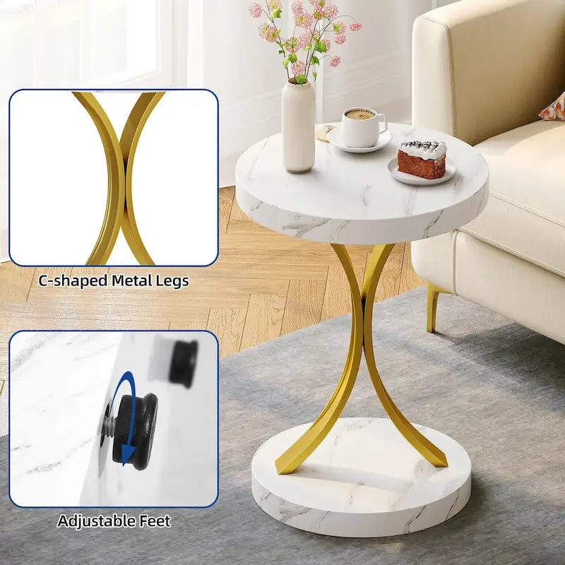 Table d'appoint ronde moderne dorée avec plateau en faux marbre blanc et cadre en métal doré