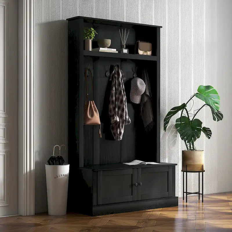 HOMCOM Freestanding Hall Tree, Entryway Bench with Coat Rack, Shoe Cabinet and Top Shelf