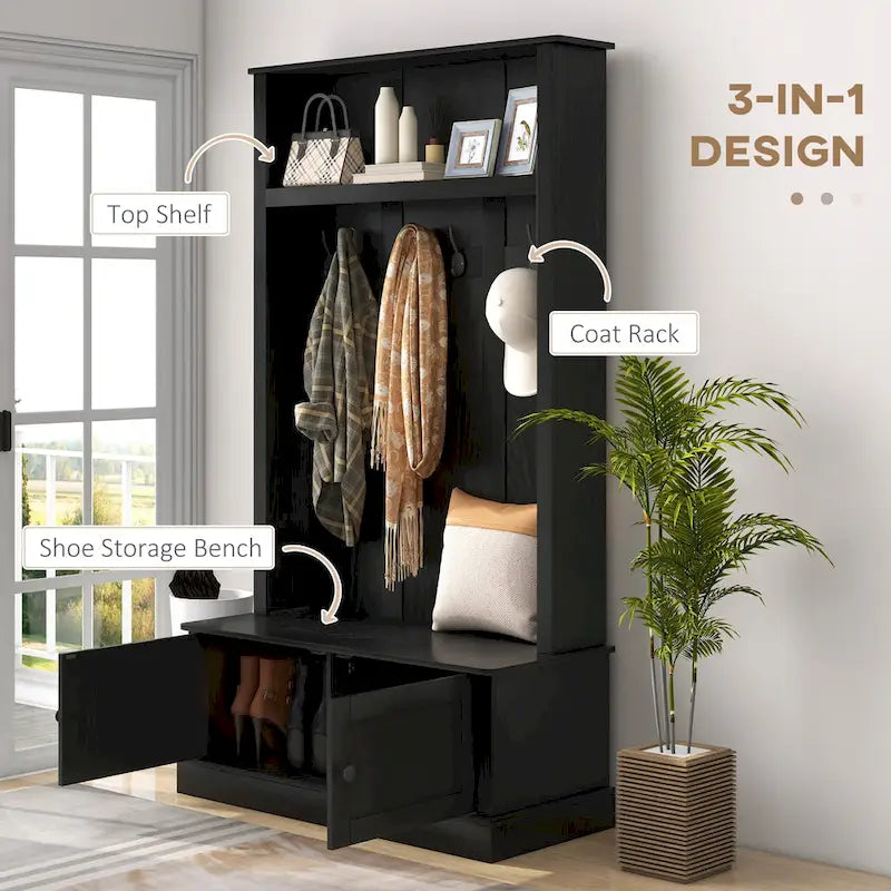HOMCOM Portemanteau d'entrée autoportant avec banc, armoire à chaussures et étagère supérieure