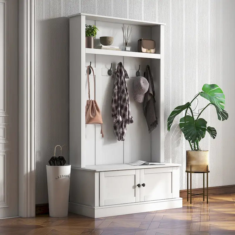 HOMCOM Portemanteau d'entrée autoportant avec banc, armoire à chaussures et étagère supérieure