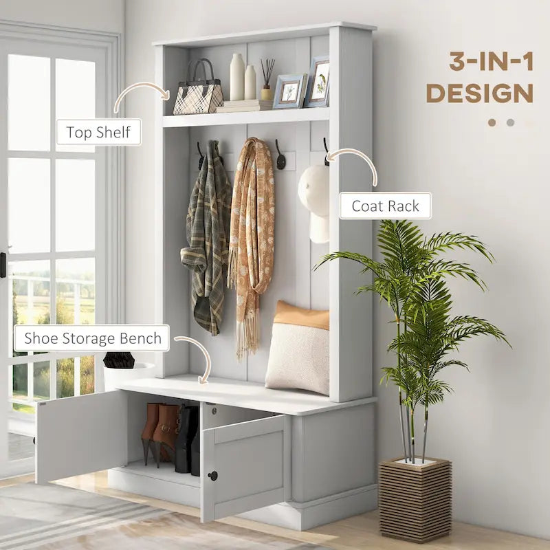 HOMCOM Portemanteau d'entrée autoportant avec banc, armoire à chaussures et étagère supérieure