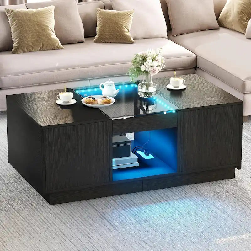 Table basse moderne en bois avec tiroirs de rangement et éclairage LED