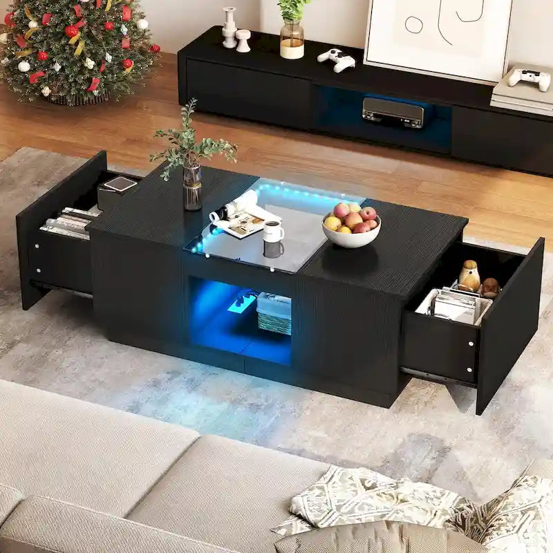 Table basse moderne en bois avec tiroirs de rangement et éclairage LED