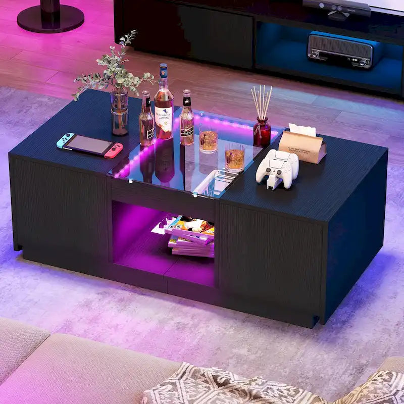 Table basse moderne en bois avec tiroirs de rangement et éclairage LED