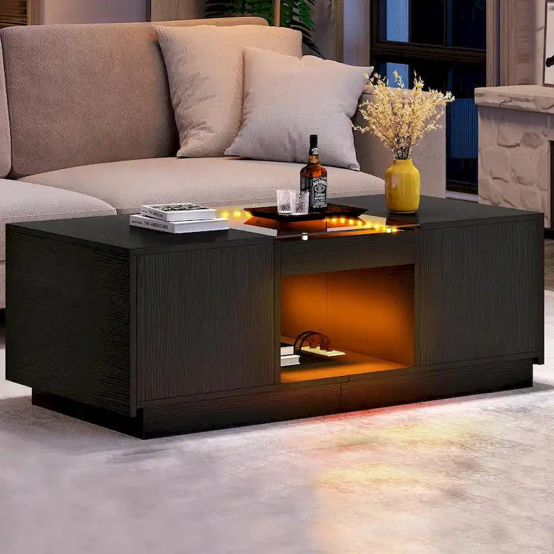 Table basse moderne en bois avec tiroirs de rangement et éclairage LED