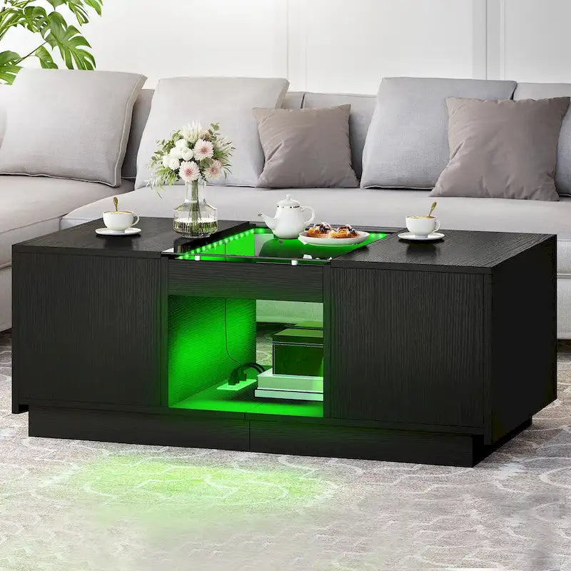 Table basse moderne en bois avec tiroirs de rangement et éclairage LED
