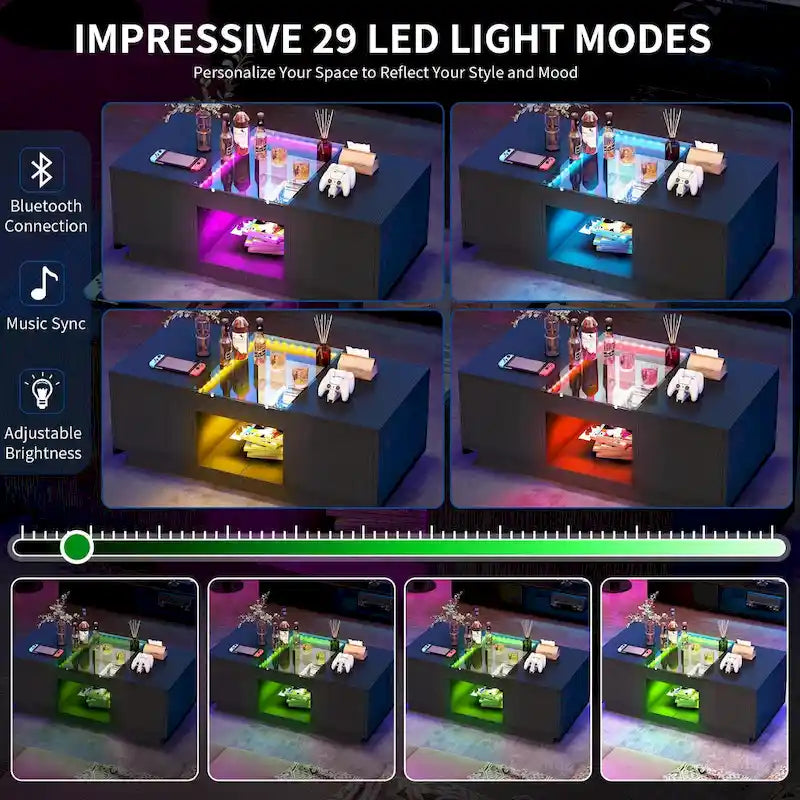 Table basse moderne en bois avec tiroirs de rangement et éclairage LED