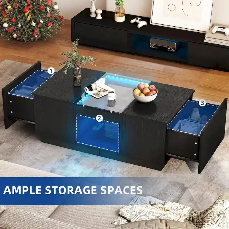 Table basse moderne en bois avec tiroirs de rangement et éclairage LED