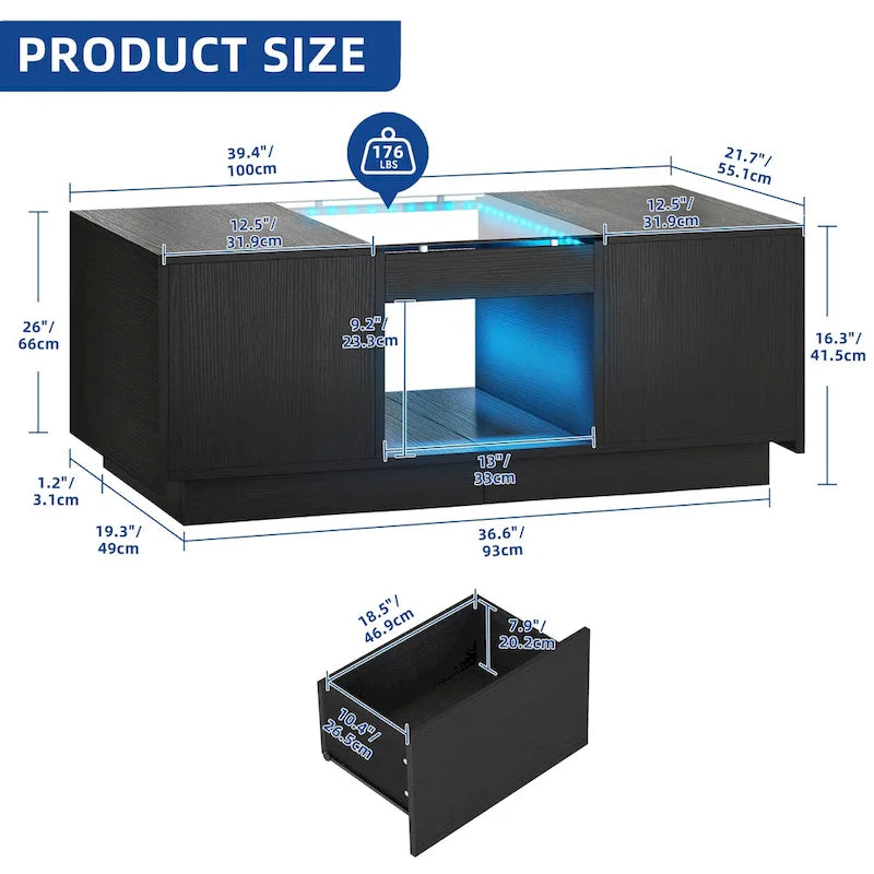 Table basse moderne en bois avec tiroirs de rangement et éclairage LED