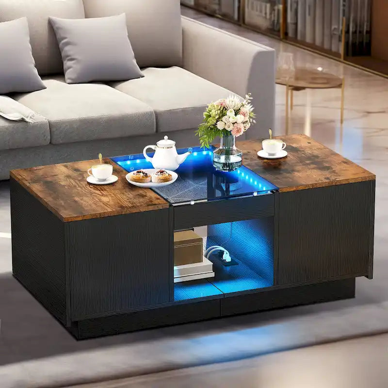 Table basse moderne en bois avec tiroirs de rangement et éclairage LED