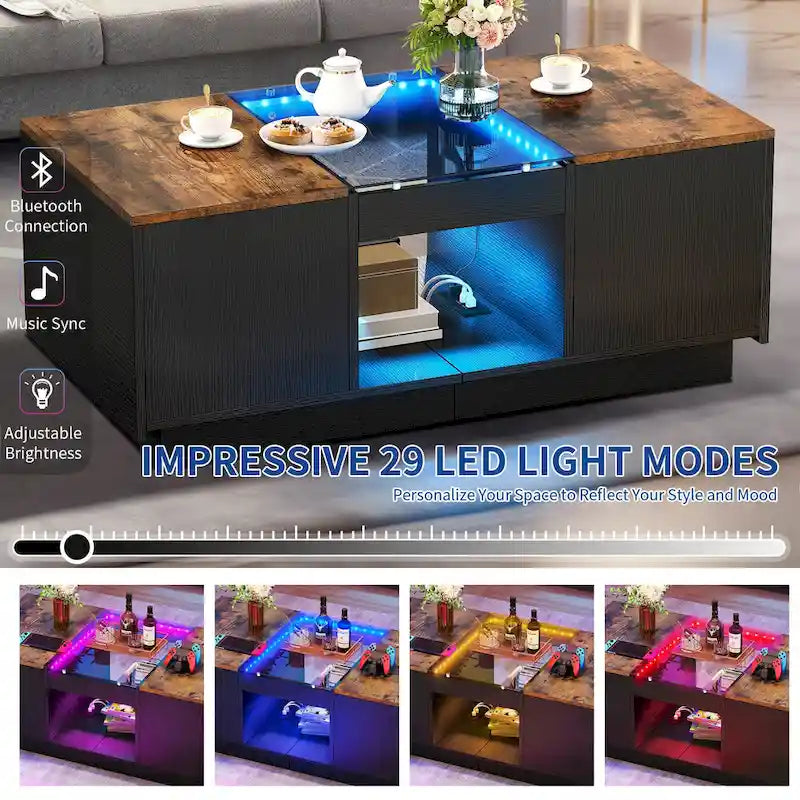Table basse moderne en bois avec tiroirs de rangement et éclairage LED
