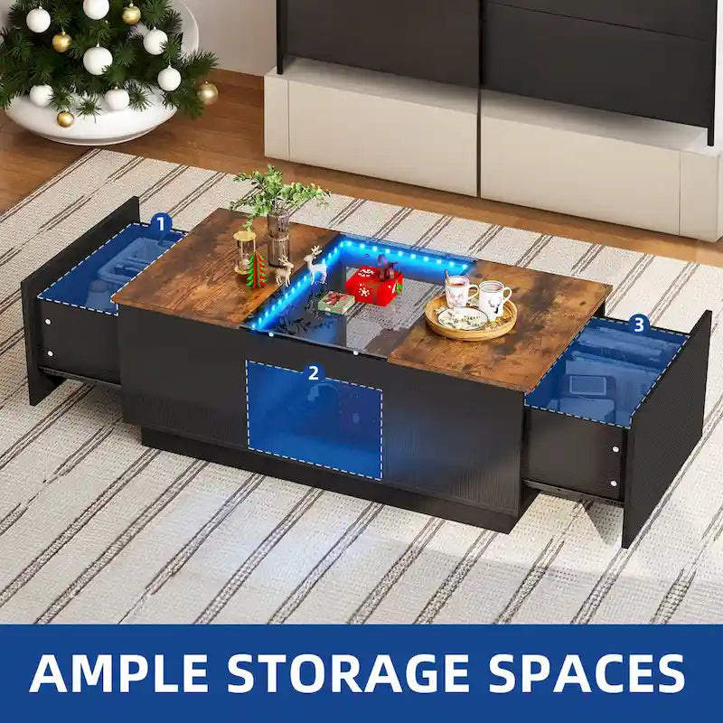 Table basse moderne en bois avec tiroirs de rangement et éclairage LED