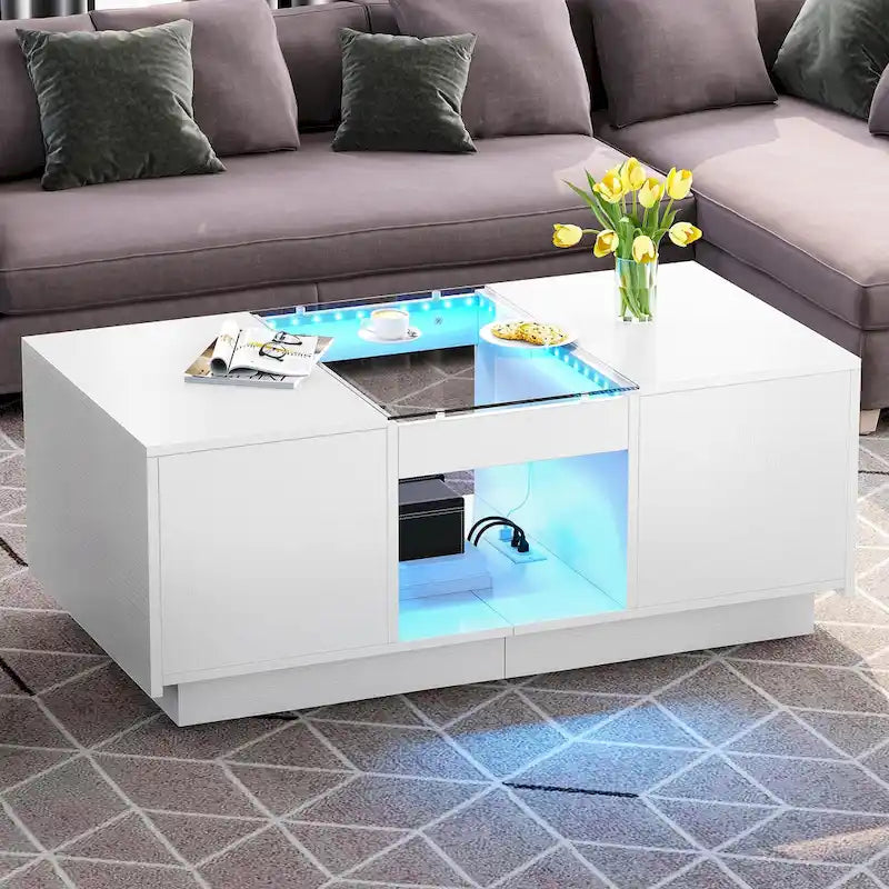 Table basse moderne en bois avec tiroirs de rangement et éclairage LED