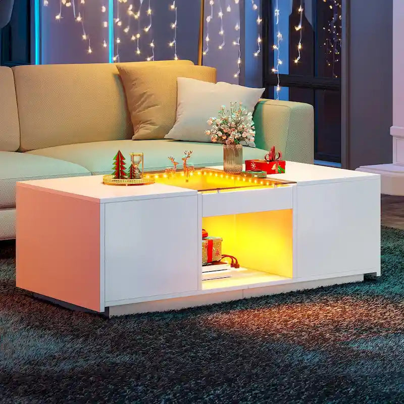 Table basse moderne en bois avec tiroirs de rangement et éclairage LED