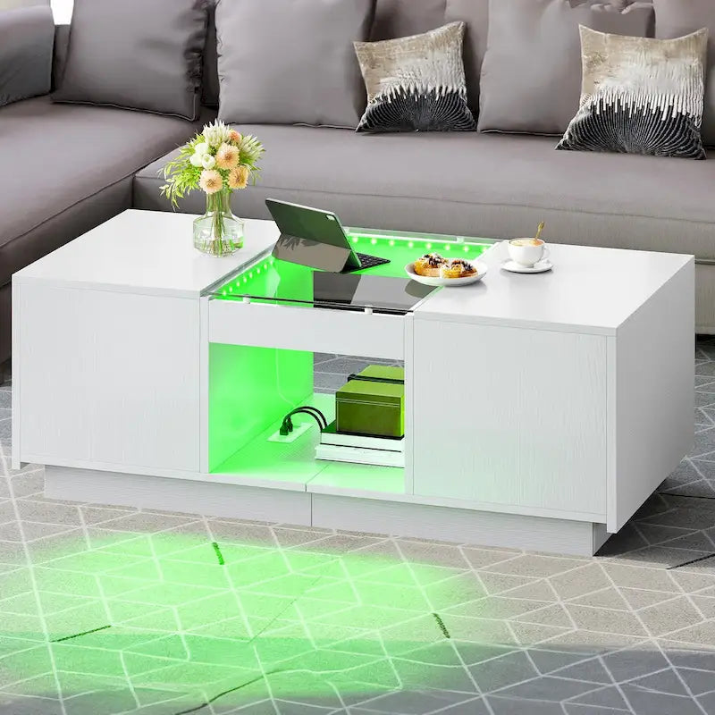Table basse moderne en bois avec tiroirs de rangement et éclairage LED