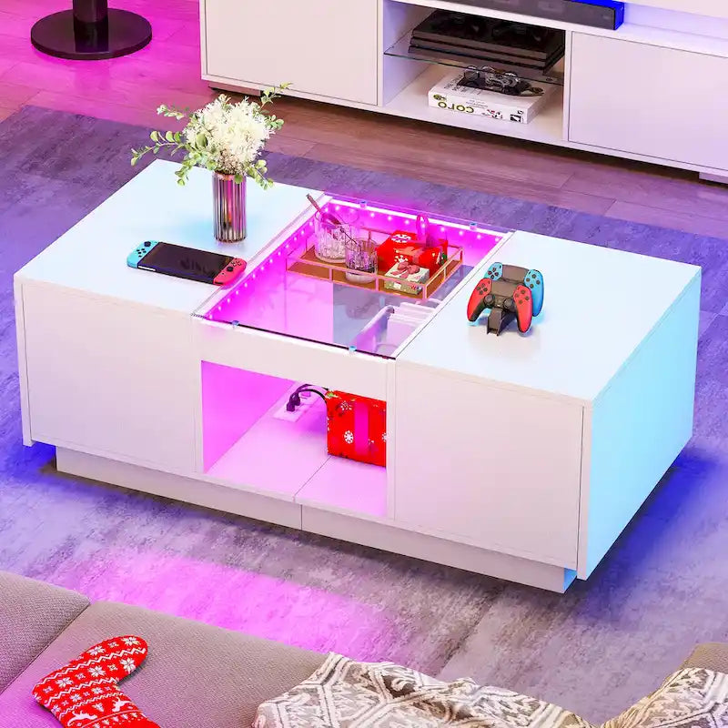 Table basse moderne en bois avec tiroirs de rangement et éclairage LED