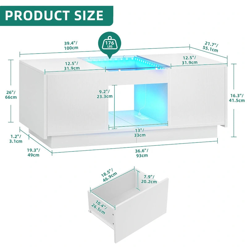 Table basse moderne en bois avec tiroirs de rangement et éclairage LED