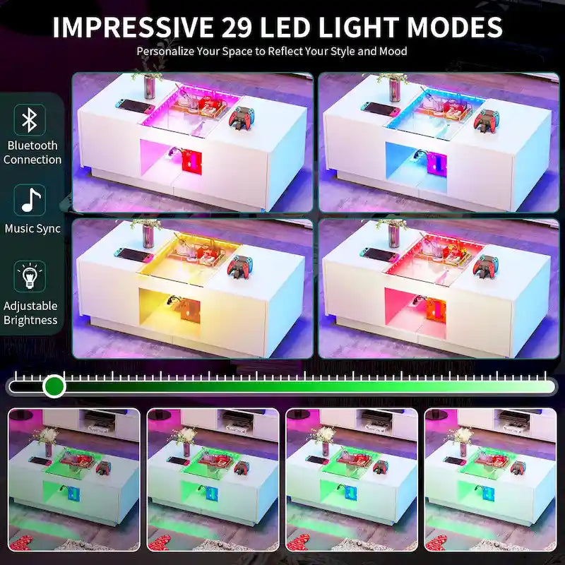 Table basse moderne en bois avec tiroirs de rangement et éclairage LED