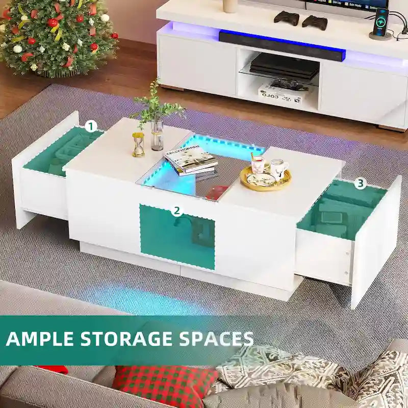 Table basse moderne en bois avec tiroirs de rangement et éclairage LED