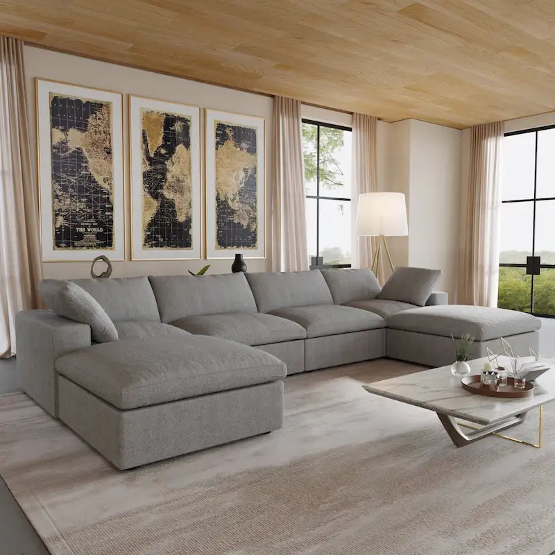 Canapé sectionnel modulable en lin en forme de U avec plusieurs coussins