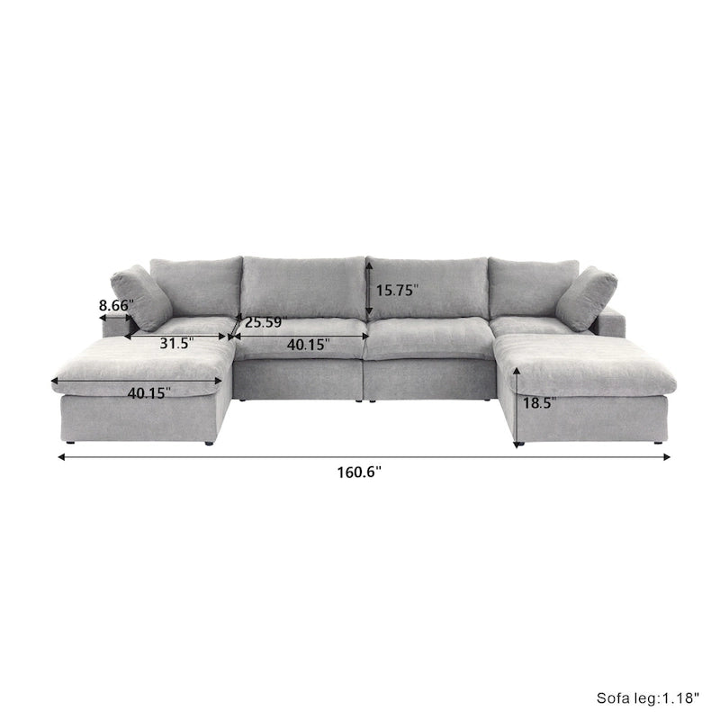 Canapé sectionnel modulable en lin en forme de U avec plusieurs coussins