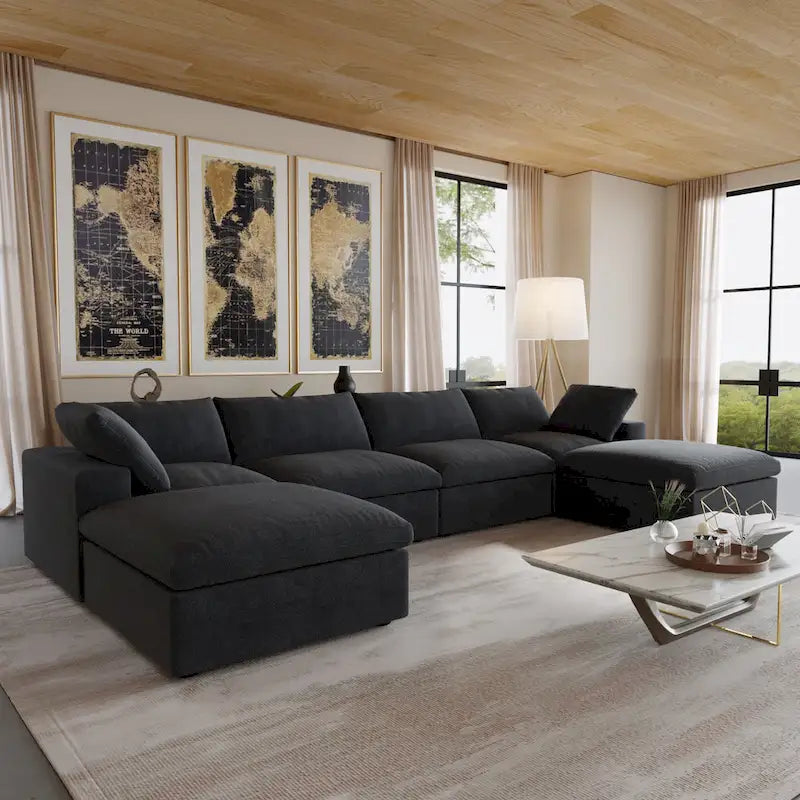 Canapé sectionnel modulable en lin en forme de U avec plusieurs coussins