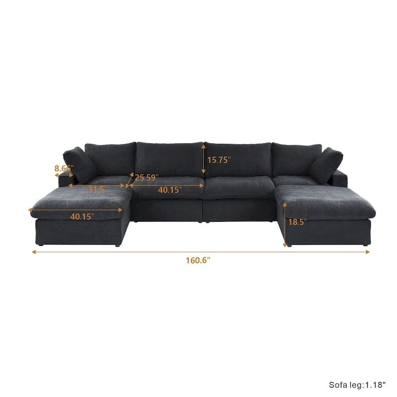 Canapé sectionnel modulable en lin en forme de U avec plusieurs coussins
