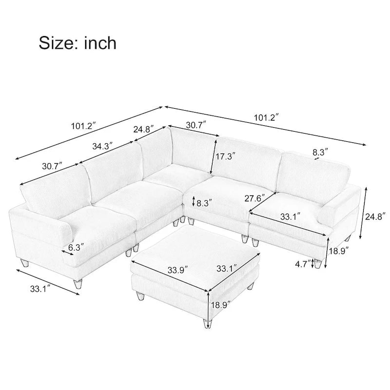 Canapé d'angle modulable avec ottoman en forme de L pour salon, bureau