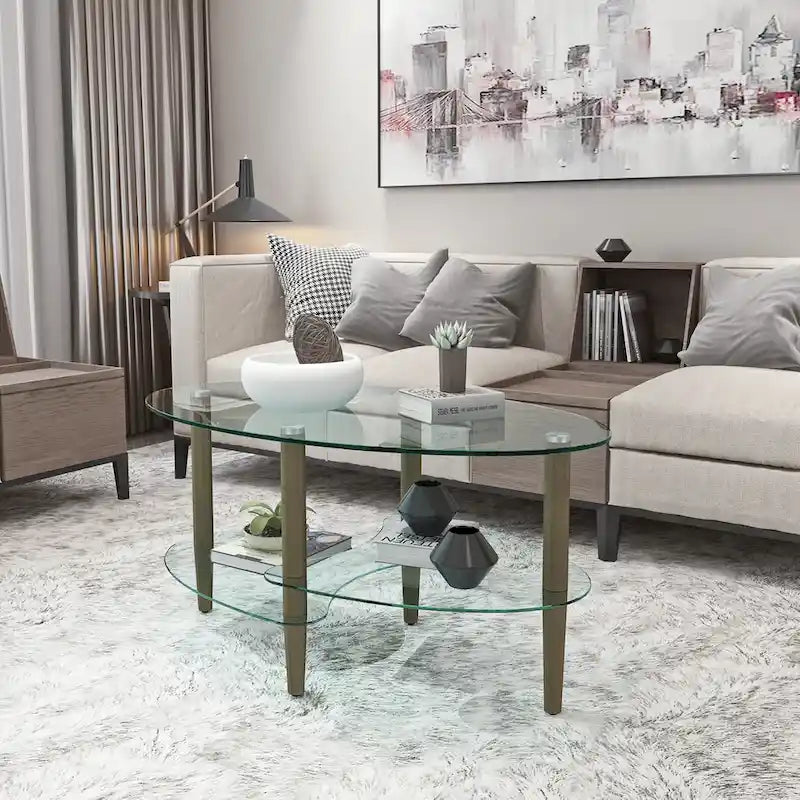 Table basse ovale en verre, Table basse transparente, table moderne dans le salon avec pieds en bois de chêne, table à thé