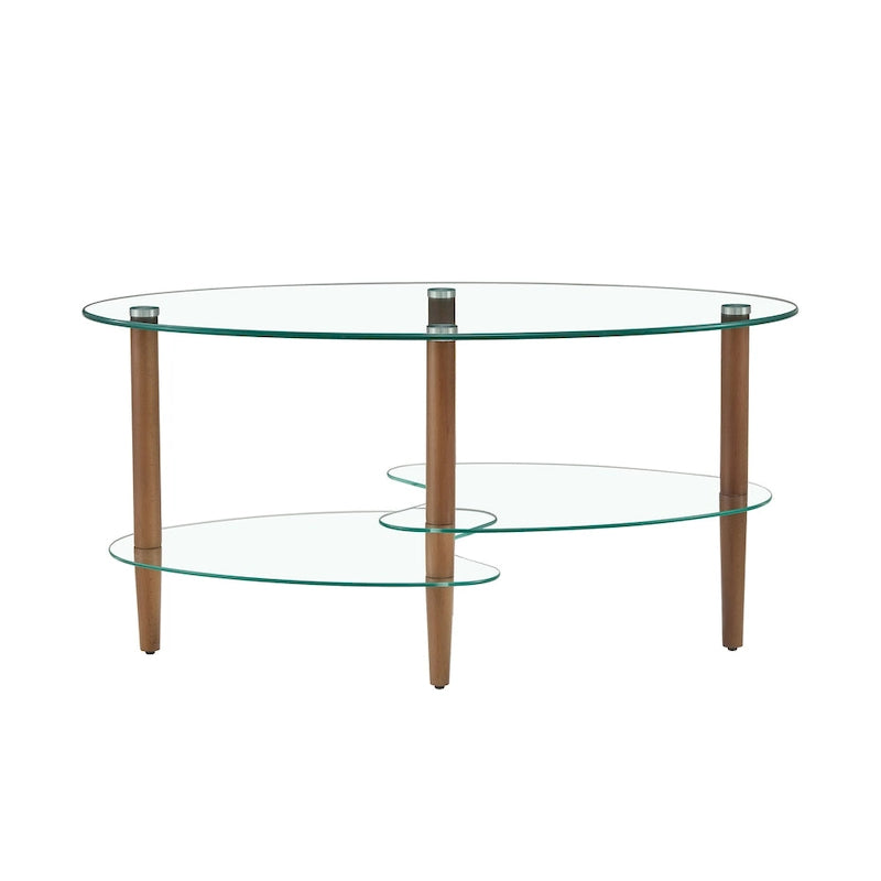 Table basse ovale en verre, Table basse transparente, table moderne dans le salon avec pieds en bois de chêne, table à thé