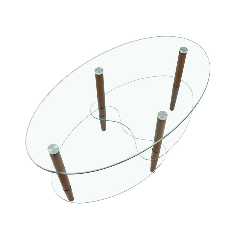 Table basse ovale en verre, Table basse transparente, table moderne dans le salon avec pieds en bois de chêne, table à thé