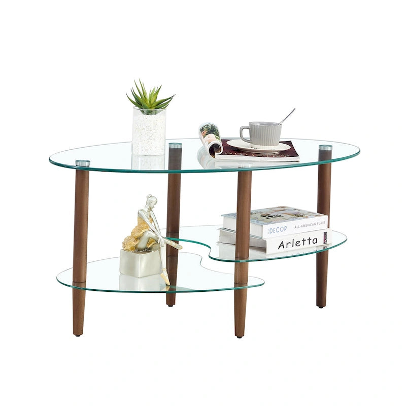 Table basse ovale en verre, Table basse transparente, table moderne dans le salon avec pieds en bois de chêne, table à thé