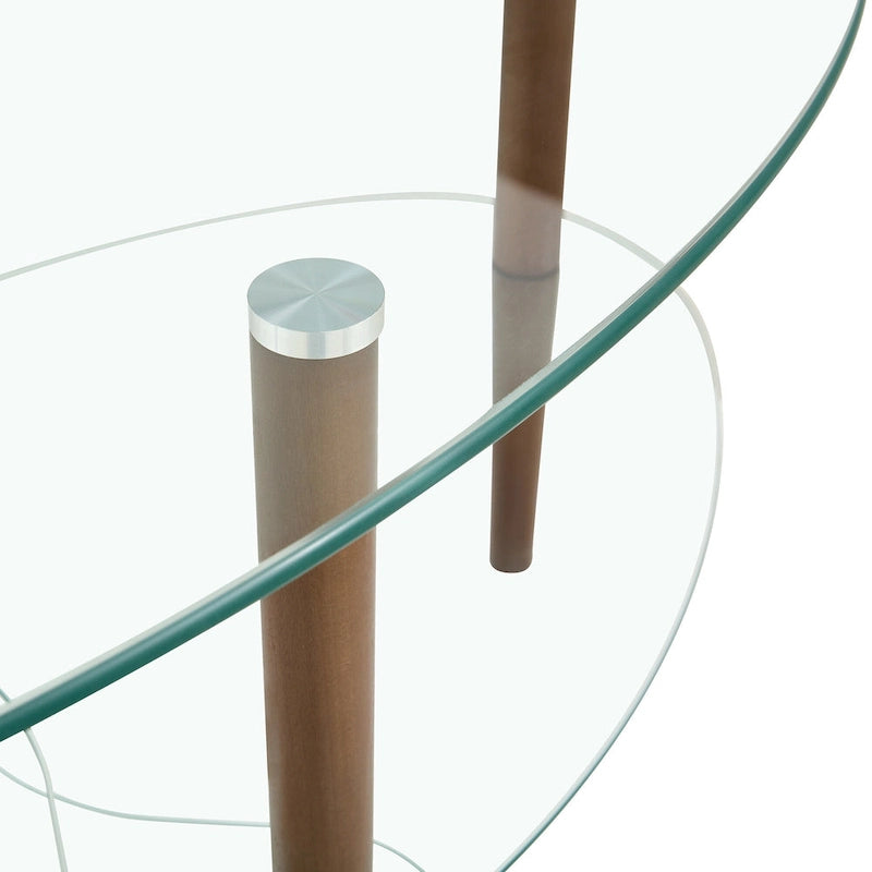 Table basse ovale en verre, Table basse transparente, table moderne dans le salon avec pieds en bois de chêne, table à thé